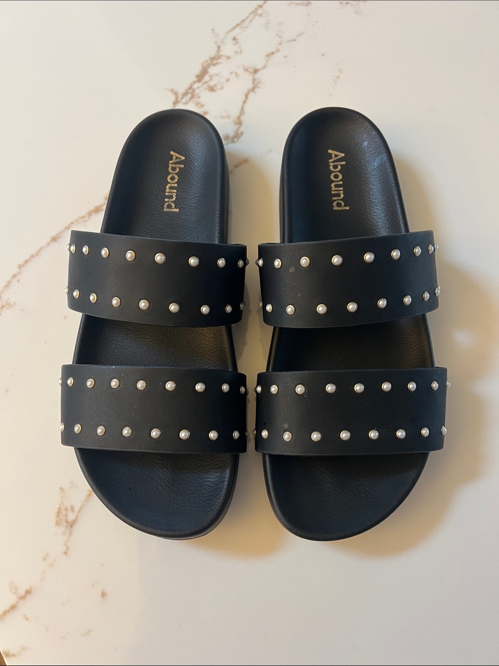Abound Black Double Strap Slide Sandals with Pearl Stud Accents